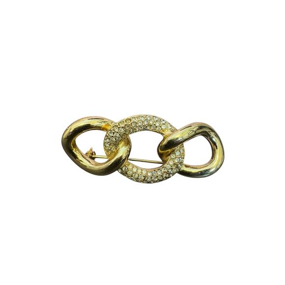 Christian Dior Gilded Gold Tone Chain Link Brooch w/ Crystal Pavé - Picture 1 of 4